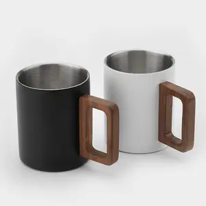 High Temperature Coating Loose Tea Steeper Mug 9oz Stainless Steel Coffee Tea Mug With Wooden Handle