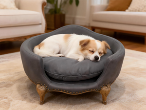 <span class=keywords><strong>Cama</strong></span> para Mascotas T0025 de Estilo Francés, Lujosa, en Gris Oscuro, de Lino Suave, para Perros y Gatos Pequeños, con Patas Talladas Retro y Tachuelas de Latón - Product Image 1