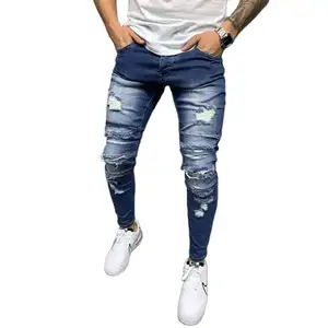 ملابس من مصمم HKNZ بنطلون رخيص جودة عالية أزياء على الطراز الأزرق جينز للرجال بنطلون جينز رجالي مضلع قابل للغسل