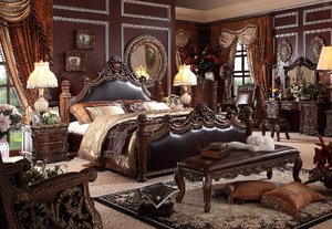 Lit à baldaquin rétro classique américain en bois massif sculpté, avec revêtement en cuir, design antique, pour chambre à coucher, mobilier de maison - Product Image 5