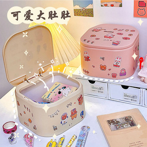 Boîte de rangement rectangulaire à couvercle rabattable, motif dessin animé mignon, pour collations, papeterie, organisateur de bureau anti-poussière, couleur rose riz - Product Image 4