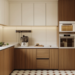 Design Minimalista per <span class=keywords><strong>Cucina</strong></span> con Mobili Slim Shaker in Legno Naturale, Maniglie Nere <span class=keywords><strong>e</strong></span> Top in Quarzo - Product Image 5