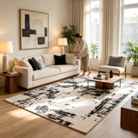 Tapis géométrique jacquard en polypropylène, design monochrome, antibactérien, hauteur de pile 9 mm, fin, antidérapant pour salon et chambre