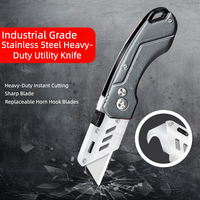 Couteau utilitaire rétractable pliable de qualité industrielle OEM personnalisable, en acier inoxydable, à bord biseauté/courbé, avec bouton poussoir, 14 cm