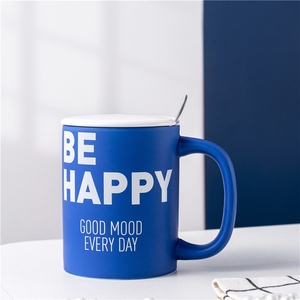 Promotional Gift 400ml Be Happy Good Mood Print Ceramic Tea <b>Cup</b> Blue and White Ceramic Coffee Mug Gift <b>Cup</b> With Handle - Product Image 6