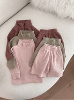 Ensemble haut gaufré et short unisexe à demi-zip pour garçons et filles, 300g d'épaisseur, 100% coton, gaufré pour bébé