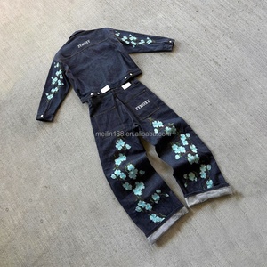 Clothing Custom Denim Button up Jackets and Jeans Two Piece Set Oversized Heavyweight Embroidery Design Jeans <b>Pants</b> Denim Set - Product Image 2