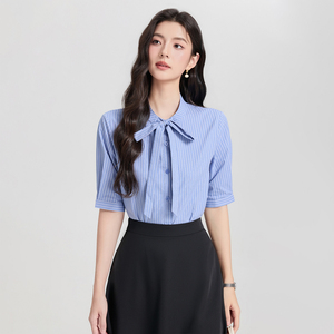 Trang phục chuyên nghiệp Áo sơ mi ngắn tay sọc xanh dành cho nữ Váy phỏng vấn Váy chữ A Bộ đồ liền quần mùa hè - Product Image 3