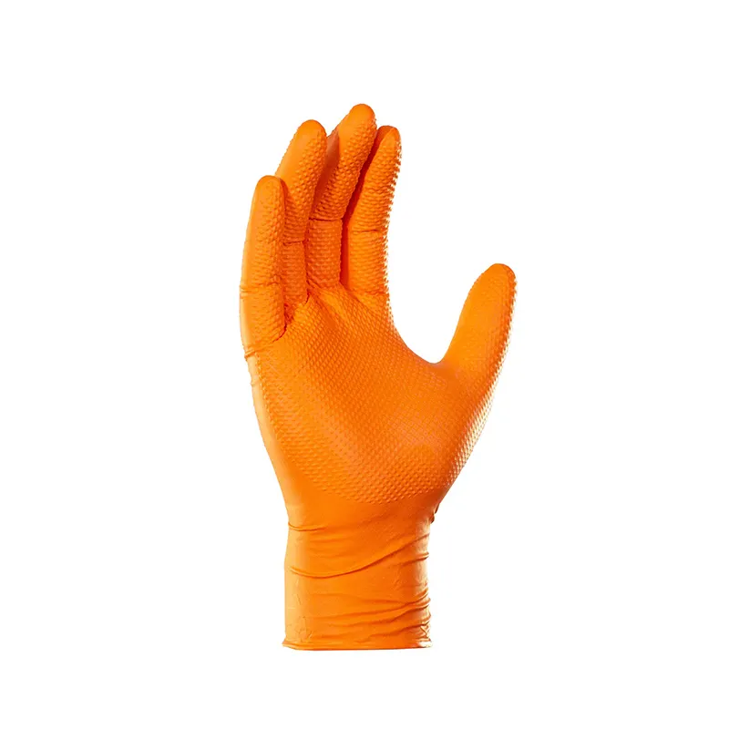 Kutuda 100 adet toz ücretsiz nitril Glovees toptan 8 Mil nitril turuncu elmas dokulu Glovees tek kullanımlık nitril Glovees