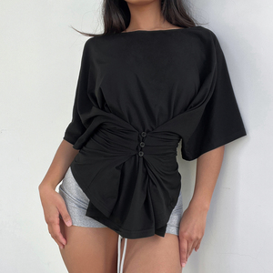 Camiseta Holgada de Manga Corta para Mujer, Tallas Grandes, Primavera/Verano, Nueva Colección, Diseño con Botones y Cintura Ajustada, Moderna y a la Moda, Teñido Liso - Product Image 5