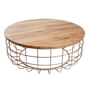 Amson Brass Modern Round Metal Iron <b>Wire</b> Copper Finished Frame Mango Wood Top <b>Coffee</b> <b>Table</b> Living Room Decorative Home Furniture - Product Image 1