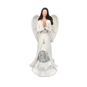 Estátua de resina religiosa para artesanato, fornecedor de estatuetas de anjo orando em poliresina branca para uso doméstico personalizado