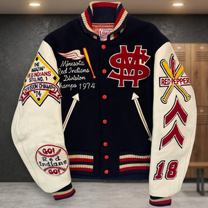 Minnesota Red Indians 1974 <b>Vintage</b> <b>Varsity</b> <b>Jacket</b> Unisex Embroidered Patchwork Woolen Sleeve Baseball Winter Stand Collar - Product Image 4