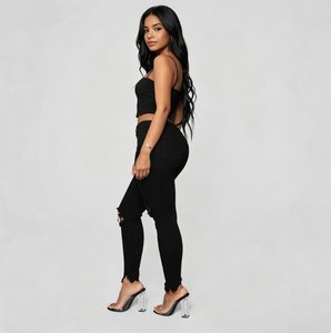 <span class=keywords><strong>Pantalones</strong></span> de Moda <span class=keywords><strong>con</strong></span> Cintura Alta y Rasgados <span class=keywords><strong>para</strong></span> Mujer, Color Puro, Ajustados, Elásticos, Casuales, Lavados, Desgastados, Largos hasta el Tobillo - Product Image 3