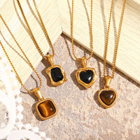Nouveau collier tendance plaqué or en acier inoxydable avec chaîne à maillons, pendentif breloque cœur carré en pierre œil-de-tigre pour femme