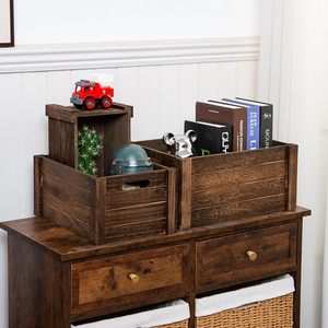 Lot de 3 caisses de rangement rustiques <span class=keywords><strong>en</strong></span> <span class=keywords><strong>bois</strong></span> brûlé, bacs <span class=keywords><strong>en</strong></span> <span class=keywords><strong>bois</strong></span> à lattes emboîtables avec poignées latérales pour jouets, livres, organisateur de maison de style campagnard - Product Image 4