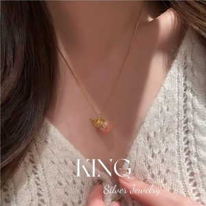 Collier gourde émaillée rose en argent sterling S925 plaqué or, pendentif rétro tendance pour femme, à porter au quotidien - Product Image 4