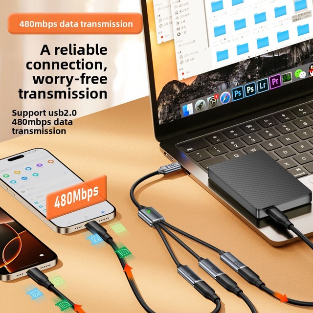 Three-Port Type-C USB Hub with Charging & Data Splitter OTG Adapter for USB Flash Drives Mice Laptops (USB 2.0)