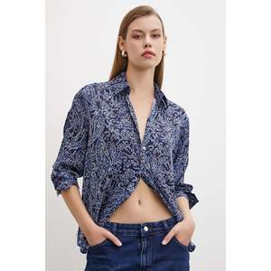 Camisa de Satén para Mujer, Estampado Floral, Azul Marino, Cierre de Botones, Uso Diario Informal - Product Image 3