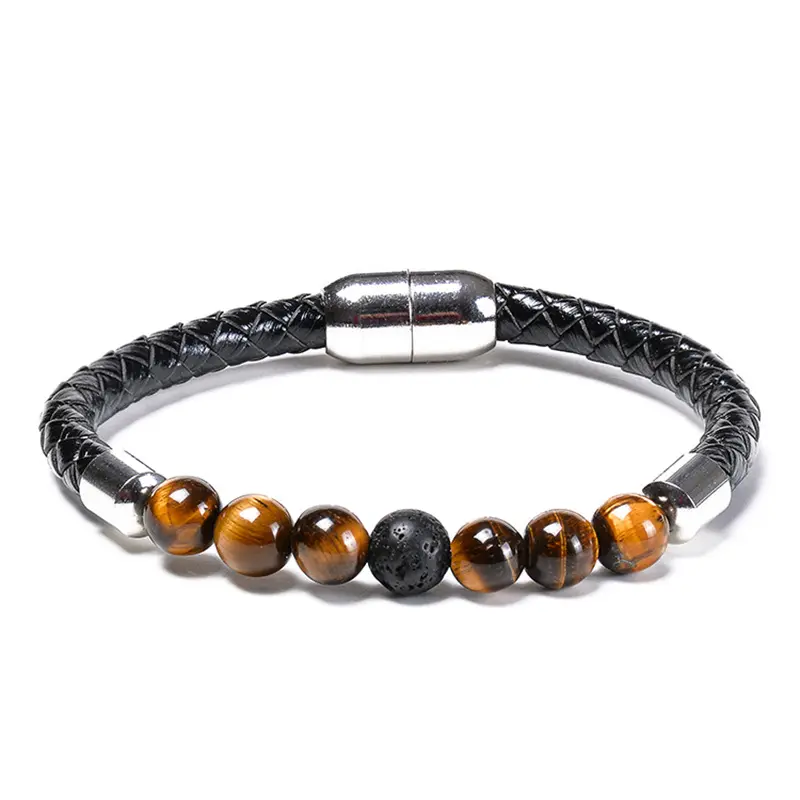 Hot Sale Cheap Tiger Eye Stone Beads Bracelet Brown Genuine Leather Bracelets For Men Women