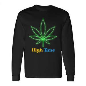 T-shirt à manches longues High Time noir unisexe col rond motif feuille de cannabis vêtements promotionnels - Product Image 3