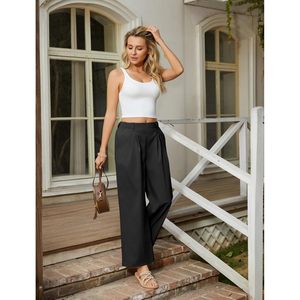 Womens Casual High Waisted <b>Wide</b> <b>Leg</b> Pants <b>Linen</b> Feel Palazzo <b>Trousers</b> With Pockets <b>Black</b> Breathable Fabric Crepe - Product Image 3