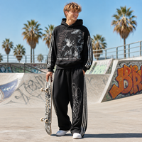 Ensemble de survêtement streetwear personnalisé coupe ample à rayures imprimées numériquement, effet délavé à l'acide et décoloré par le soleil, comprenant un sweat à capuche et un pantalon à double ceinture