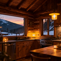 Armoires de cuisine Shaker en chêne foncé sur mesure, design rustique style chalet, avec comptoir en bois à bords naturels pour projet de villa