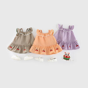 Vestido a cuadros para bebé niña, vestido de verano estilo princesa con hombros descubiertos, ropa coreana para recién nacida, vestido de cereza para niños, vestido dulce - Product Image 2