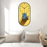 Jam Dinding Seni Dekoratif PVC HD Warna-warni dengan Desain Kuning dan Biru untuk Ruang Tamu