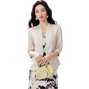 Women's Champagne Blazer Three Quarter Sleeve Slim Fit Solid Color Professional Suit Jacket Spring Summer 2026 - Product Image 5
