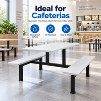 Ensemble table et banc de cantine intégrés contemporains 4 places, structure en métal noir thermolaqué, mobilier de salle à manger scolaire