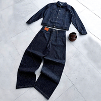 Ensemble Deux Pièces Veste et Jean en Denim Brodé Personnalisé Style Streetwear Coupe Oversize et Tissu Lourd pour Hommes