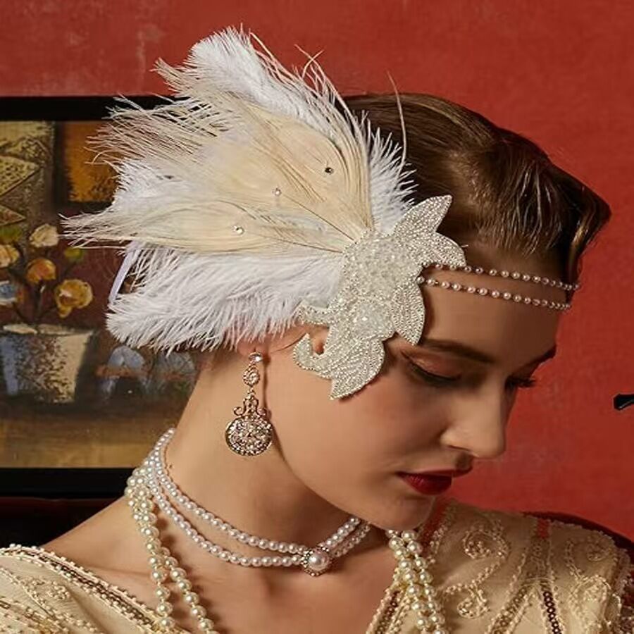 1920s Flapper Headband with Ostrich Feathers & Sequins display picture 1