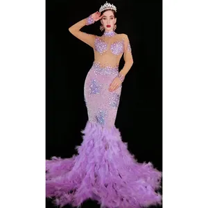 Disfraz de pluma morada para mujer, vestido de cumpleaños con diamantes de imitación, longitud hasta el suelo, A6051