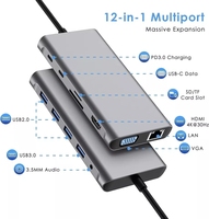 Hub USB-C 12 en 1, station d'accueil, adaptateur, affichage 4K-HDTV, USB 3.0, RJ45 LAN, port SD