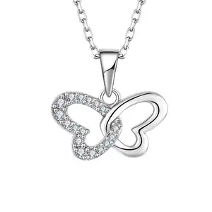 Wholesale Fashion Oem Odm Rhodium Plated 925 Sterling Silver Romantic Gifts Blinged Iced Out Butterfly Heart Pendant Necklace