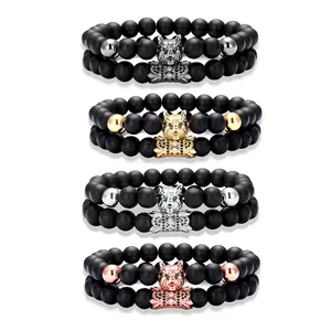 2022 Charms 8 mm Bracelets Jewelry Men's 2 pcs/Set Matte Black Stone Micro Inlay Zircon Wolf Head Bead Bracelet Set