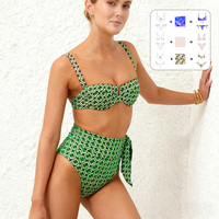 Set Bikini Berkualitas Tinggi dari Bahan Polyester Daur Ulang yang Dapat Diulurkan, Bermotif, dengan Atasan Berkawat dan Bawahan Bermodel Sash Wrap