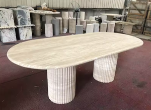 Tavolo da Pranzo in Travertino Naturale Personalizzato con Pietre Decorative, Tavolo da Pranzo in Marmo Travertino Ovale Scanalato - Product Image 2