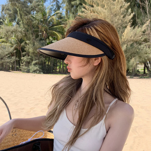 <b>Straw</b> Woven Visor <b>Hat</b> Wide Brim Adjustable Foldable For Women Beach Vacation Sun Protection Korean Style Trendy Off White Beige - Product Image 3