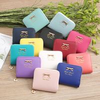 Dompet pendek wanita, tas genggam gaya pendek sederhana dekorasi pita kecil, dompet saku koin ramping ritsleting