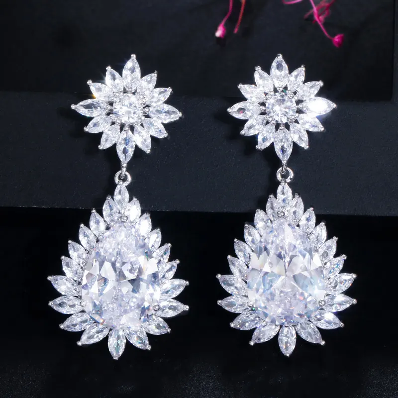 Gorgeous White Gold Plated Cubic Zirconia Stone Bridal Long Big Earrings for Women Wedding Dress Luxury CZ Jewelry Accessories