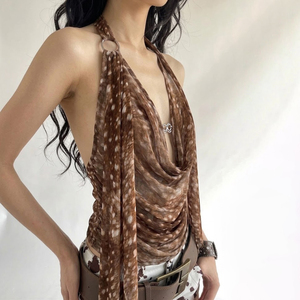 Débardeur Halter Tricoté à Col Cache-cœur Court, Imprimé à Pois, Dos Nu avec Boucle Métallique et Nœud en Ruban, pour Fête et Vacances - Product Image 5