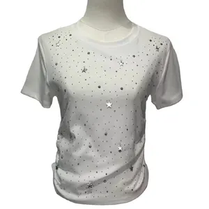 Ainidan Customizable Pure Cotton O-Neck T-Shirt Breathable Knitted Tops With Rhinestone For Women Casual Long Clothing