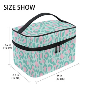 Large Capacity Turquoise Cheetah Print Custom Travel Portable Cosmetic Bags <b>Cases</b> Toiletry Bag Flip Top <b>Makeup</b> Bag with Handle - Product Image 2
