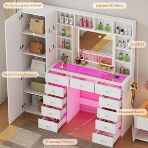 Full Length Smart LED Mirror Rustic Wood Makeup Vanity <strong>Desk</strong> Transparent <strong>Top</strong> 11 RGB <strong>Drawers</strong> 10 Shelves 3 - Product Image 2