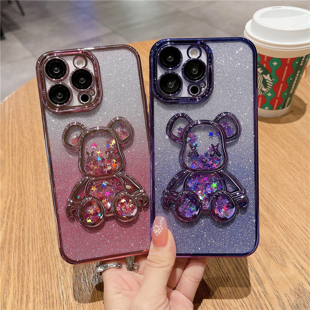 Quicksand Glitter with Lens Protector Bling Electroplated Bear TPU Back Cover Phone Case for iPhone 14 13 12 11 Pro Max 7 8 Plus