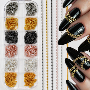 Lot de 12 chaînes à breloques pour nail art, chaînes perlées en métal, accessoires pour ongles, chaînes à maillons or, argent, noir, rose, décoration pour manucure - Product Image 1
