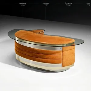 โต๊ะคอมพิวเตอร์ทำจากหนังเนื้อแข็งรูปตัว L หรูหราน้ำหนักเบาทำจากสเตนเลสกระจกเทมเปอร์ที่เก็บของสำหรับผู้บริหารออฟฟิศที่ทันสมัย - Product Image 2